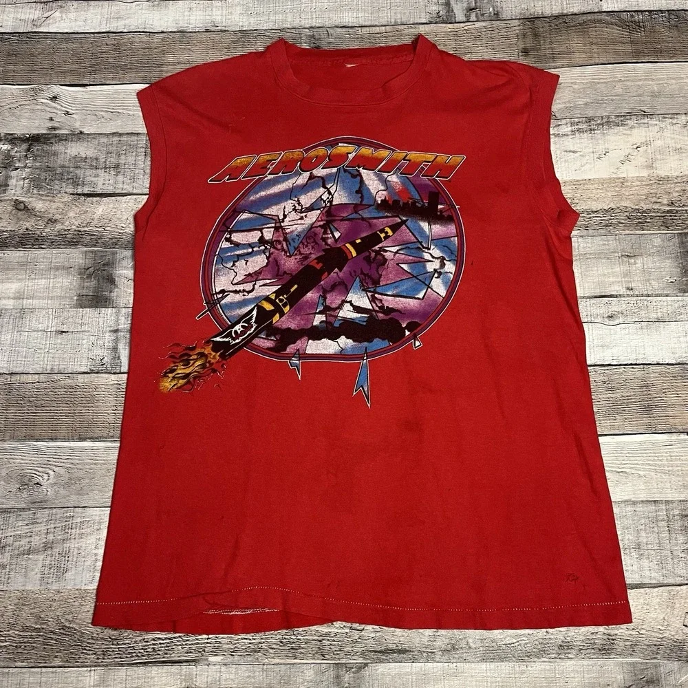 Aerosmith Shirt Size XL Red Vintage 80s Sleeveless Rock Band Tee Blackbird Jet